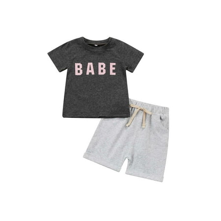 

Amuver Baby Boy s/Girl s Two-Piece Suit Letter Print Short Sleeve Round Neck Tops + Boy Pocket Shorts/Girl Plaid Shorts