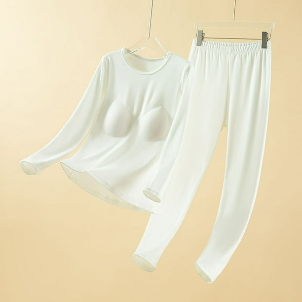 Conjuntos de ropa interior térmica para mujer, otoño e invierno, suave, cálida, de manga larga, cuello redondo y sujetador incorporado, ropa interior térmica adecuada para climas fríos, parte superior