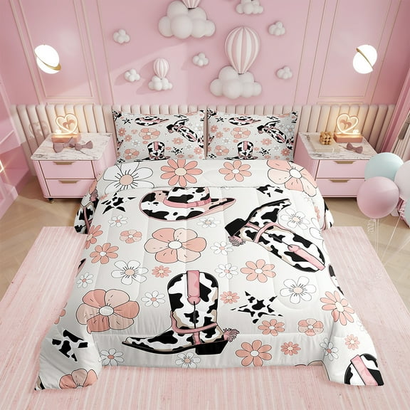 Pink Cowgirl Boot Hat Bedding Set,Western Milk Cow Print Comforter Set Room Decor,Groovy Flower Quilt Bed Set Rustic Country Farmhouse Down Comforter 2Pcs