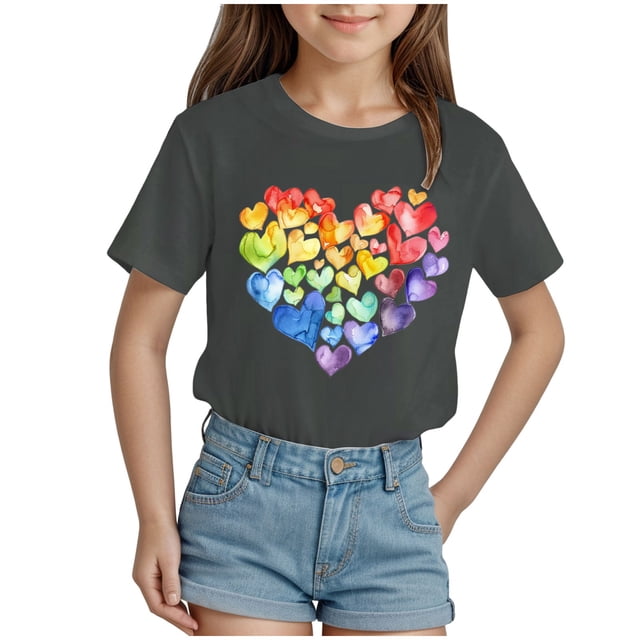 Nwiuh T-Shirts Graphiques Mignons avec Cœur pour Femmes, Manches Courtes, Col Ras du Cou, Coupe Régulière, Blouse, Adolescentes, Été, Décontracté, T-Shirt Basique, Hauts (Gris, 3-4 Ans)