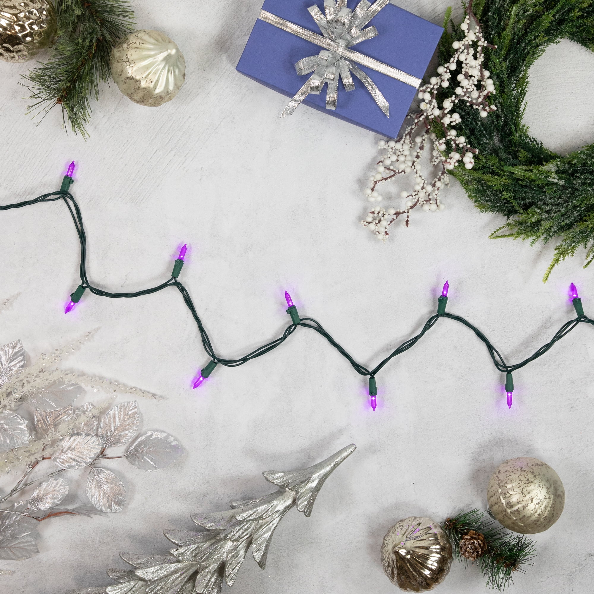 Set of 50 Purple LED Mini Christmas Lights 4" Spacing - Green Wire