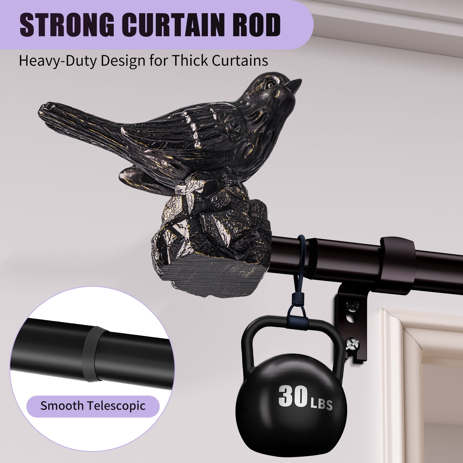 Curtain Rods 36"-120" Vintage Oil Bronze Curtain Rods for Windows Adjustable Drapery Rod with Bird Finials Heavy Duty Brown Curtains Rod for Living Room Bedroom
