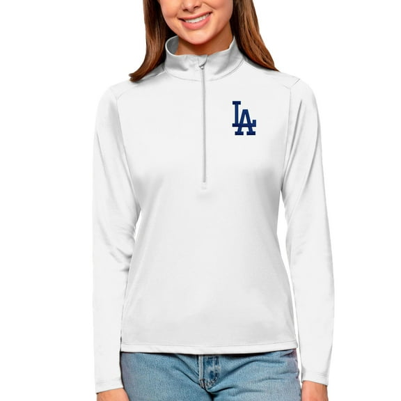 Women's Antigua White Los Angeles Dodgers Tribute Quarter-Zip Pullover Top