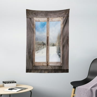 Rustic Tapestry, Winter Season Scene from a Wooden Window of Country House Snow Vintage Design, Wall Hanging for Bedroom Living Room Dorm Decor, 40W X 60L Inches, Umber White Blue, by Ambesonne