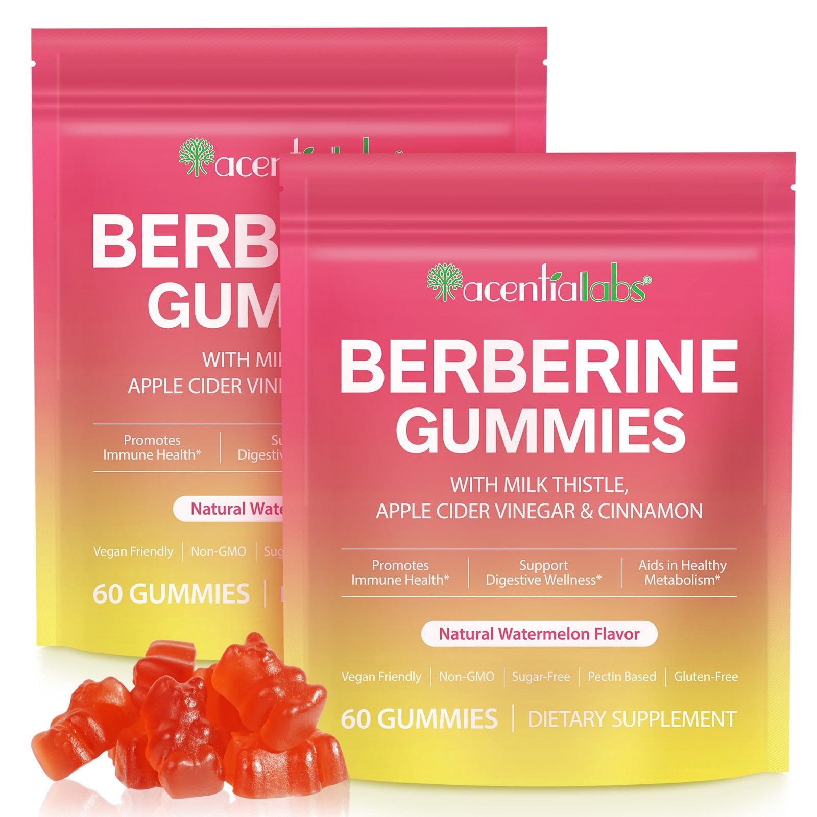 Sugar Free Berberine Gummies with Apple Cider Vinegar, Milk Thistle & Cinnamon, Supports Healthy Metabolism, Digestive Wellness & Immune Health - 2Pack