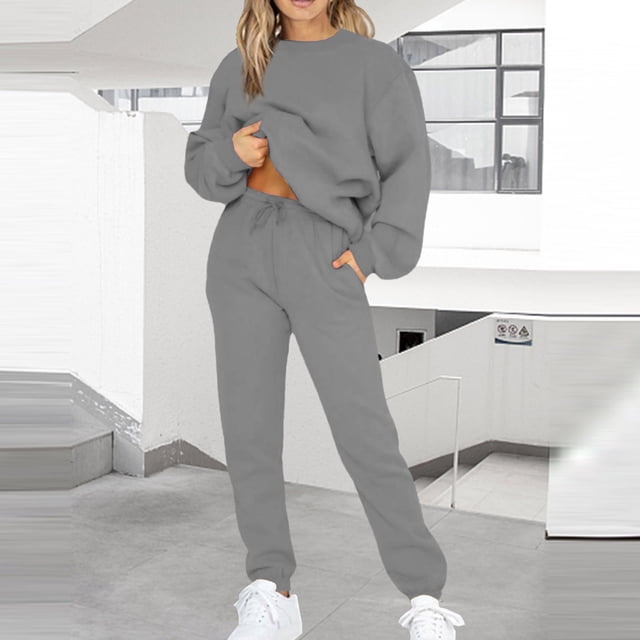 asjyhkr Ensembles 2 Pcs pour Femmes Chandails à Col Rond à Manches Longues Pantalons de Survêtement à Taille à Cordon Ensembles Décontractés Thermiques de Course et d'Entraînement