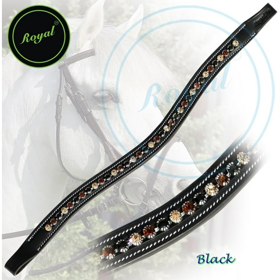 Exion Horse Browband For English Bridle | Curved Shape Padded Equestrian Browband For Show & Dressage | Crystal Brown, Black and Golden Browband For Horses
