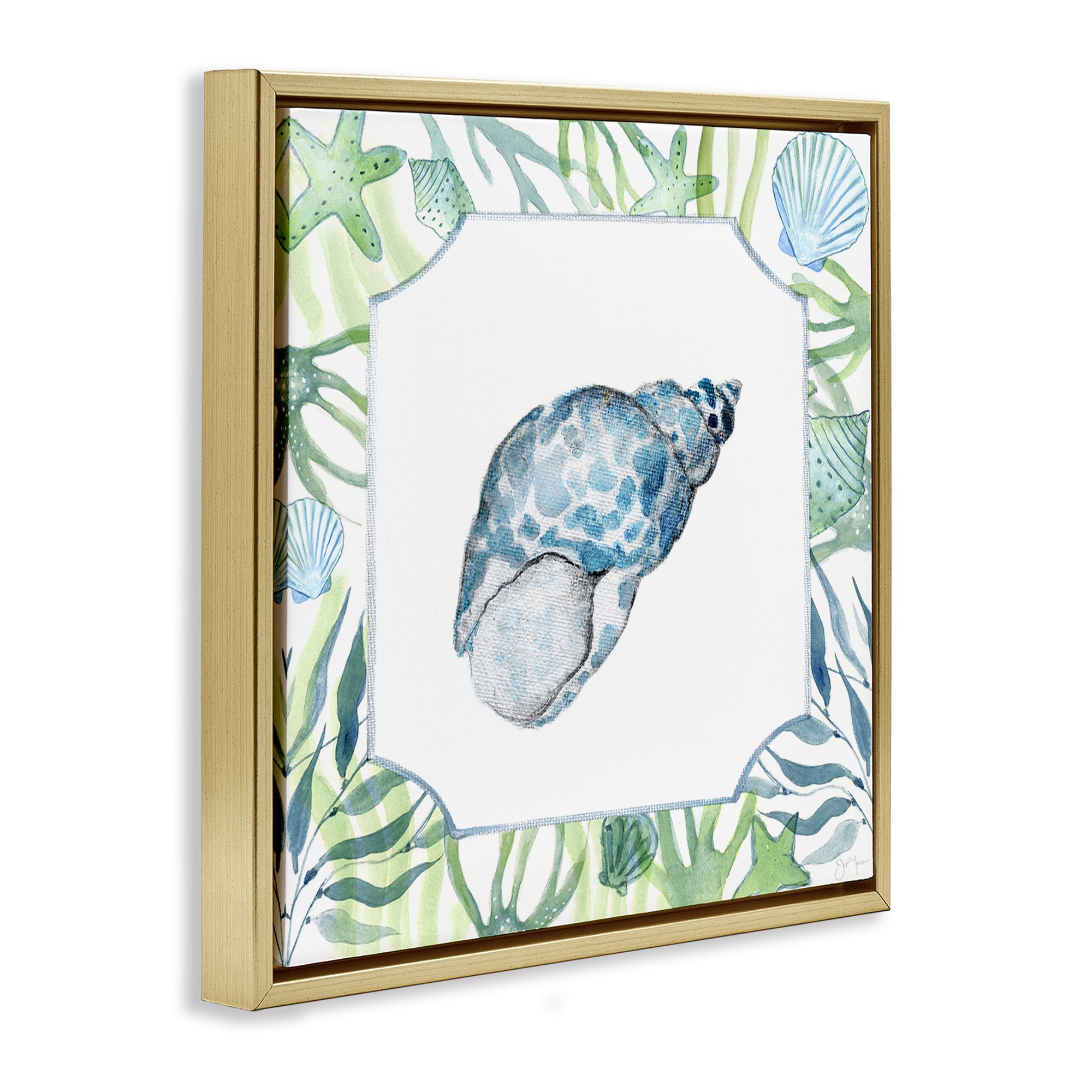 Stupell Industries Spotted Cowrie with Seaweed Gold Framed Floater Canvas Wall Art, design by Janet Tava