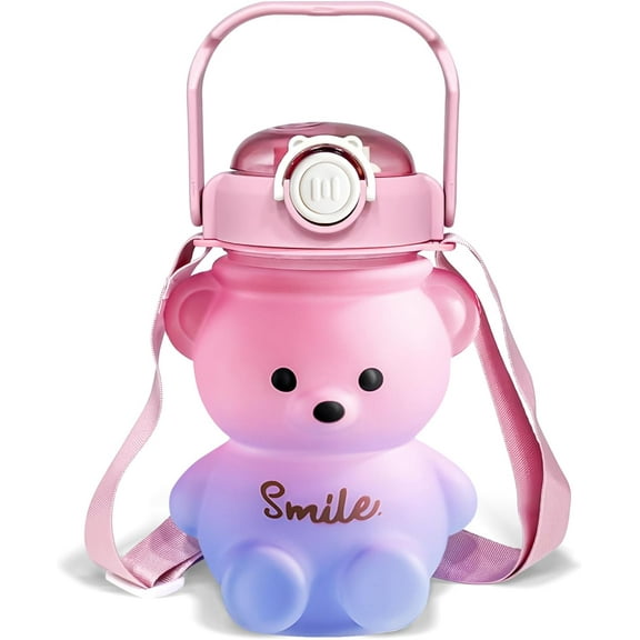 Kids Bear Water Bottle, 32oz Cute Water Bottles for Girls, Kids Water Bottle with Straw and Strap, Kawaii Teddy Bear Water Bottle, Drinking Cups Leak-proof Water Bottles for School