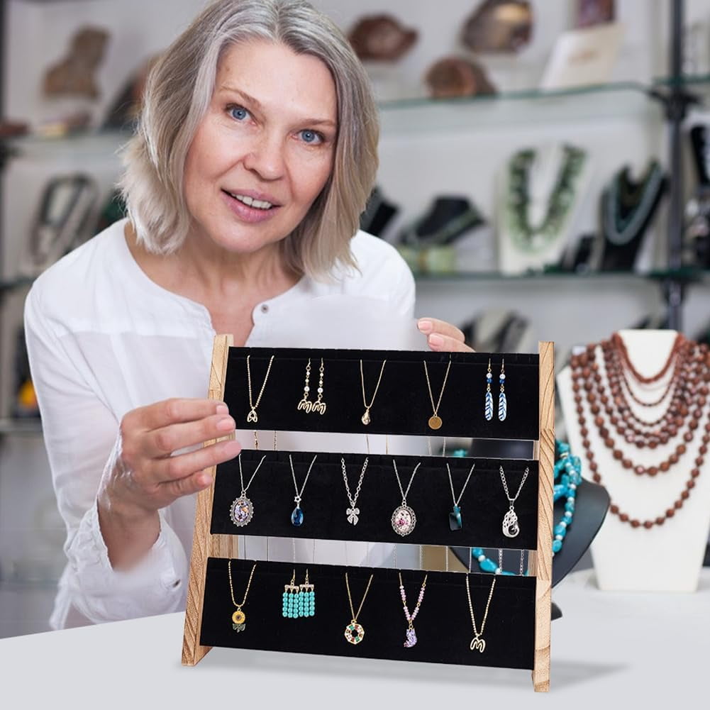 PH Necklace Jewelry Display Holder 3 Tier Wood Pendant Holder Display Stand with Black Velvet Large Capacity Necklace Organizer Stand Jewelry Display for Home or Selling Show for DIY