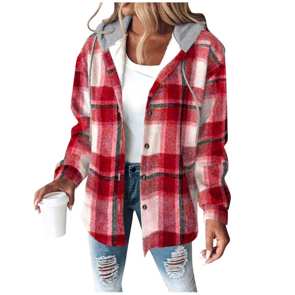 Atogsazn Women Sherpa Lined Plaid Jacket Casual Button Long Sleeve Shacket Hooded Coat Fleece Winter Warm Tops Clothing Red S Fashion