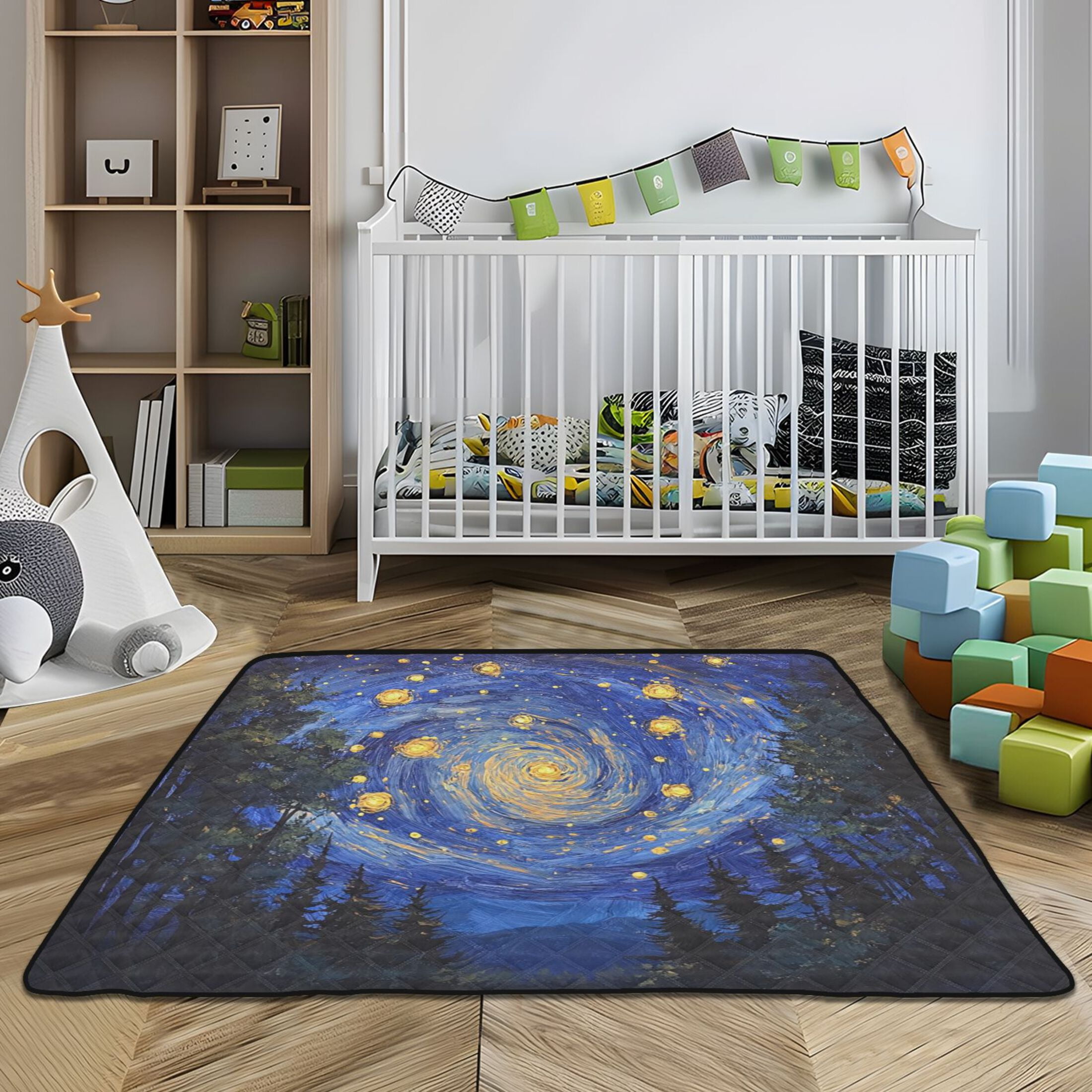 WOBOGO Starry Night Sky with Fireflies Baby Playmats Extra Large Waterproof Rollable Activity Pads for Toddlers 50×50inch