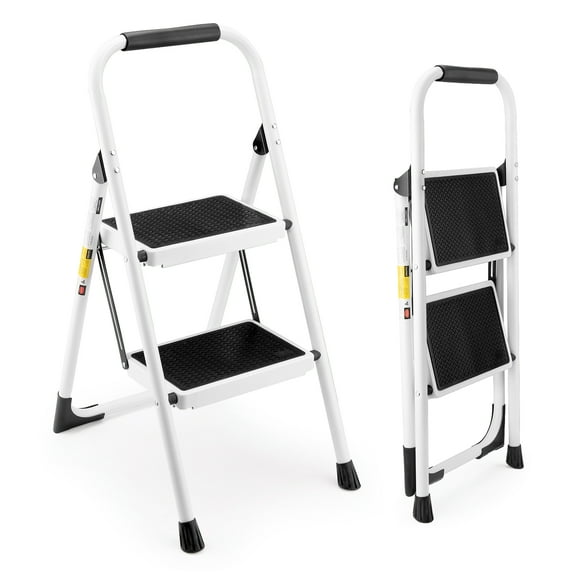 2 Step Ladder, Folding Step Stool with Anti-Slip and Wide Pedal, Lightweight Stepladder with Handrails, Portable for Kitchen, Household, 330LBS, White