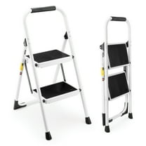 2 Step Ladder, Folding Step Stool with Anti-Slip and Wide Pedal, Lightweight Stepladder with Handrails, Portable for Kitchen, Household, 330LBS, White