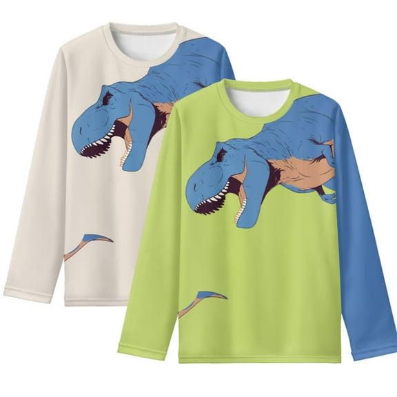 FUIALDOLG 2 Pack Dinosaur Girls Long Sleeve Shirts Soft Lightweight Crewneck 9-10 Years Girls' Basic Long-Sleeve T-Shirts Green Beige Toddlers' Winter Tees