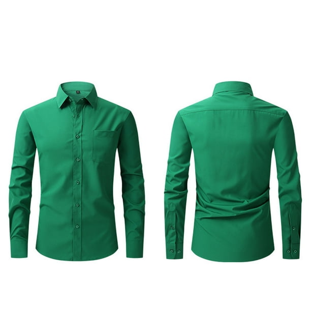 pstuiky camisas de manga larga para hombre, Camisa informal de color liso con botones, manga larga, cuello vuelto, transpirable y elástica para hombre Tops de hombre l