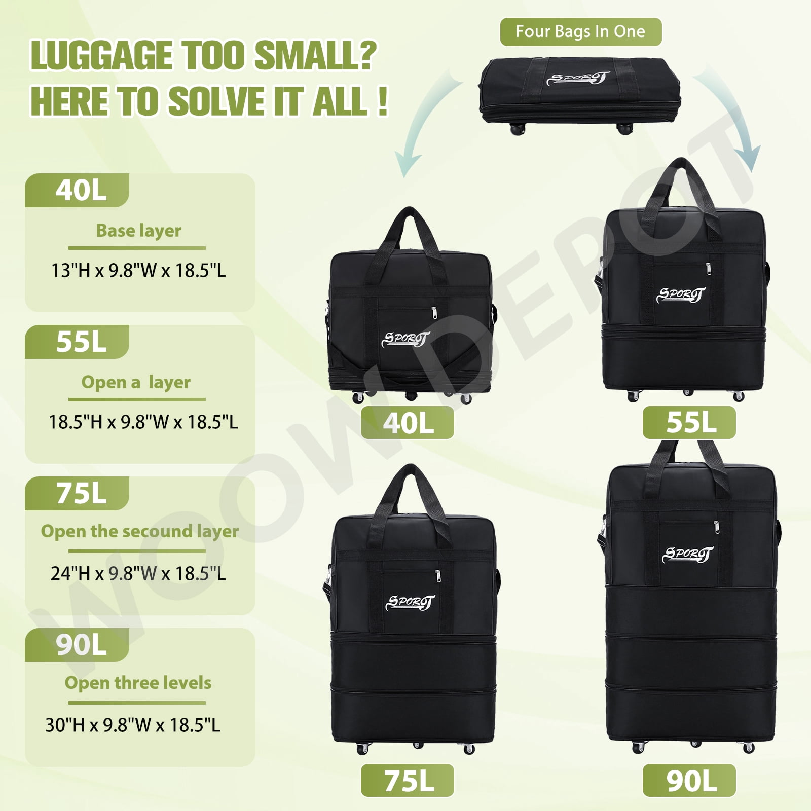 WOOW DEPOT 32in Expandable Suitcase Bag 4 Layer Collapsible Rolling Luggage Wheeled Duffle Bag Large for Home Storage Cargo Travel Business Moving