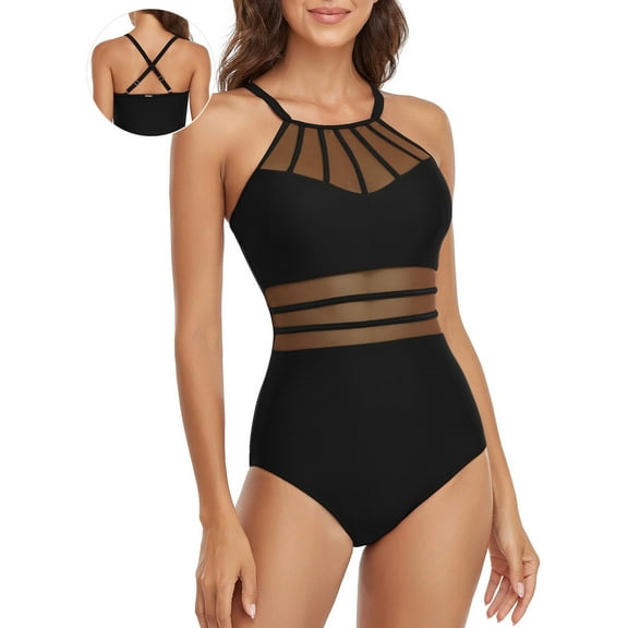 RELLECIGA Women's Criss-Cross Back High Neck Splicing Mesh One Piece Swimsuit Tummy Control Swimwear Ruched Black Bathing Suit