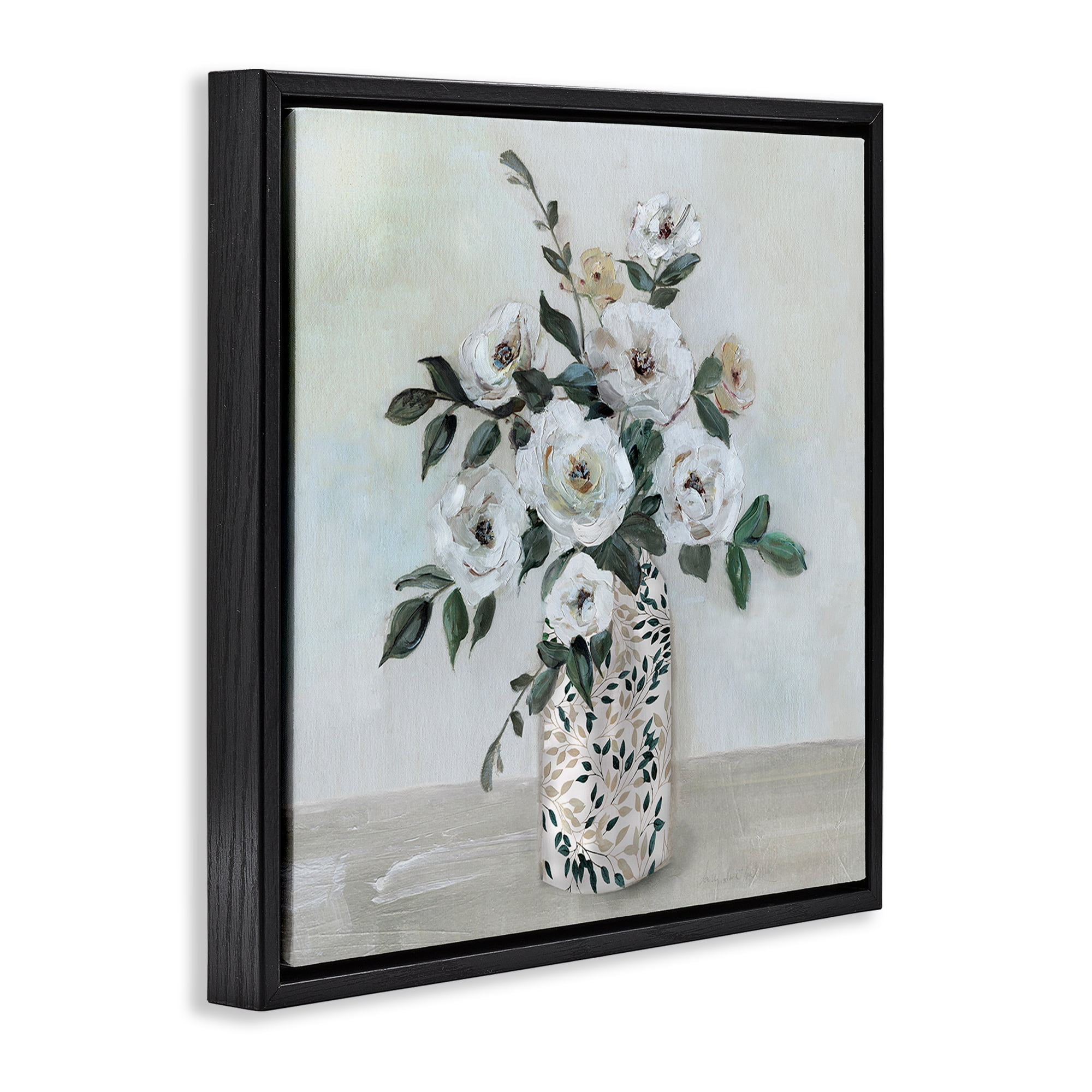 Stupell Industries Leaf Patterned Flower Vase Black Framed Floater Canvas Wall Art, design by Sally Swatland