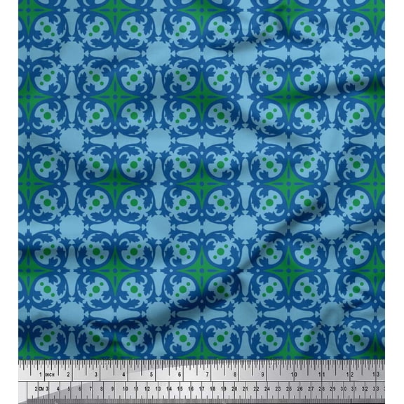 Soimoi Green polyester Crepe Fabric Tiles Moroccan Printed Fabric 1 Yard 42 Inch Wide