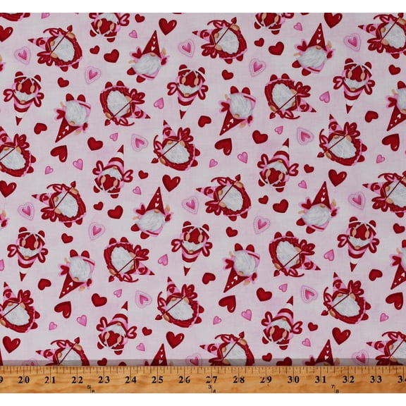 Cotton Cupid Gnomes Garden Gnomes Valentine's Day Hearts Gnomie Love Pink Cotton Fabric Print by the Yard (9782-28)