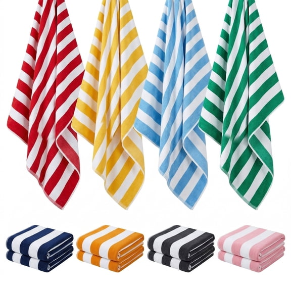 Oversized Cabana Striped Beach Towel, 60 x 28 Inch Large Quick-Dry Bath Towel, Lightweight Sand-Free Microfiber Towel for Swimming Pool & Travel, Available in 8 Colors, Black