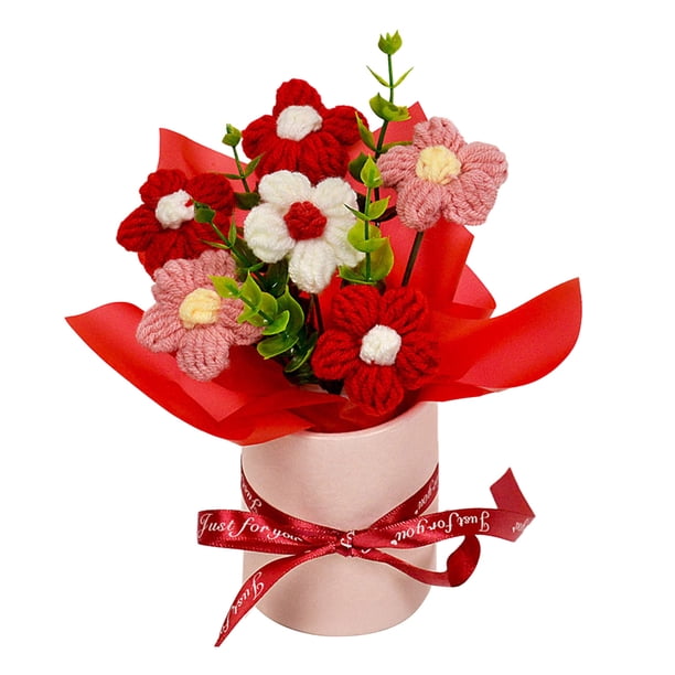 Ramo de flores de ganchillo hecho a mano, ramo de punto artificial, girasol falso, clavel, tulipán, flores de hojaldre, regalos para madre, esposa en cumpleaños, aniversario