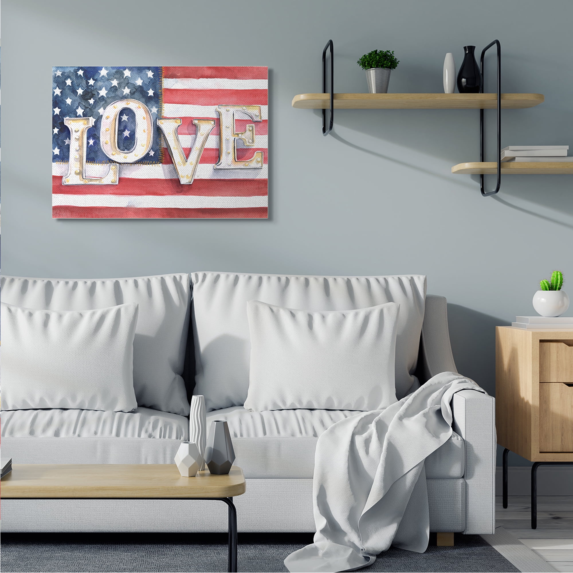 Stupell Industries Vintage Love Text Over Stitched American Flag Inspirational Painting Gallery Wrapped Canvas Art Print Wall Art, 30 x 40