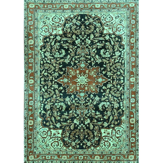 Ahgly Company Machine Washable Indoor Rectangle Medallion Turquoise Blue Traditional Area Rugs, 7' x 9'