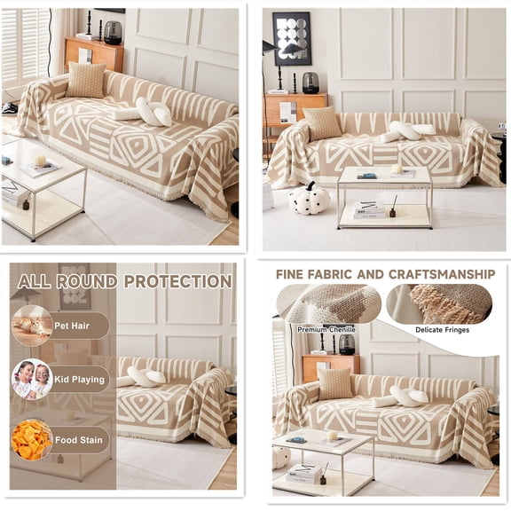 Sofa Slipcover Thick Chenille White Cream Khaki Couch Cover for 3-4 Cushion Couch Sofa Reversible Universal Couch Cushion Cover XXL Sofa Protector for Living Room 91"x150"