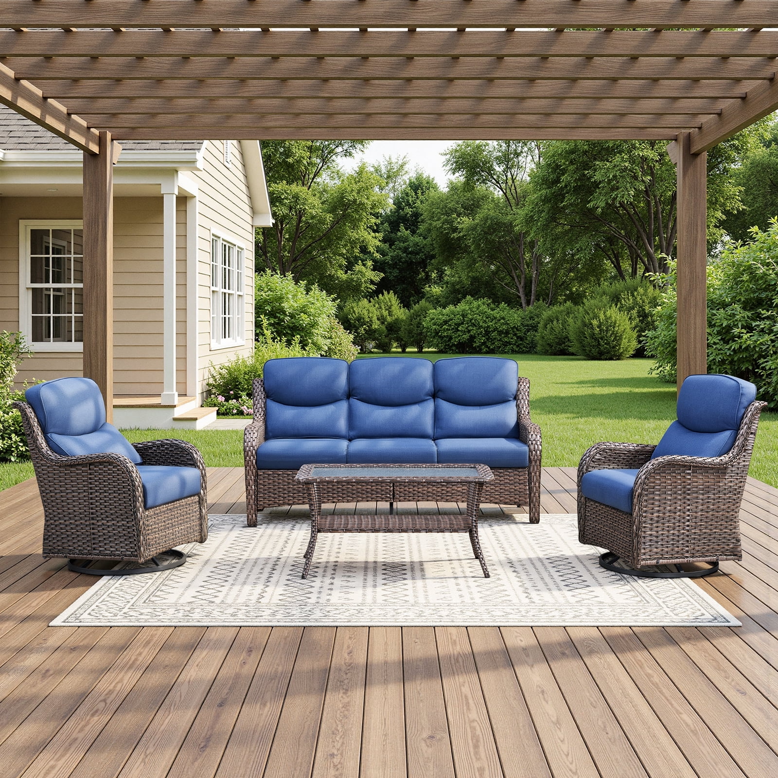 POCASSY 4-Piece Outdoor Patio Furniture Set with Swivel Chairs, Luxury High Back Rattan Wicker Outdoor Conversation Set with 5-inch Thick Seat Cushion Sofa and Swivel Glider Patio Chair for Porch