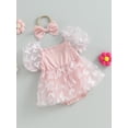 thumbnail image 3 of Arvbitana Infant Baby Girls Short Puff Sleeve Romper Dress Square Neck Butterfly Print Tulle One-piece Jumpsuit Headband 2Pcs Casual Bodysuits 0-24M, 3 of 7