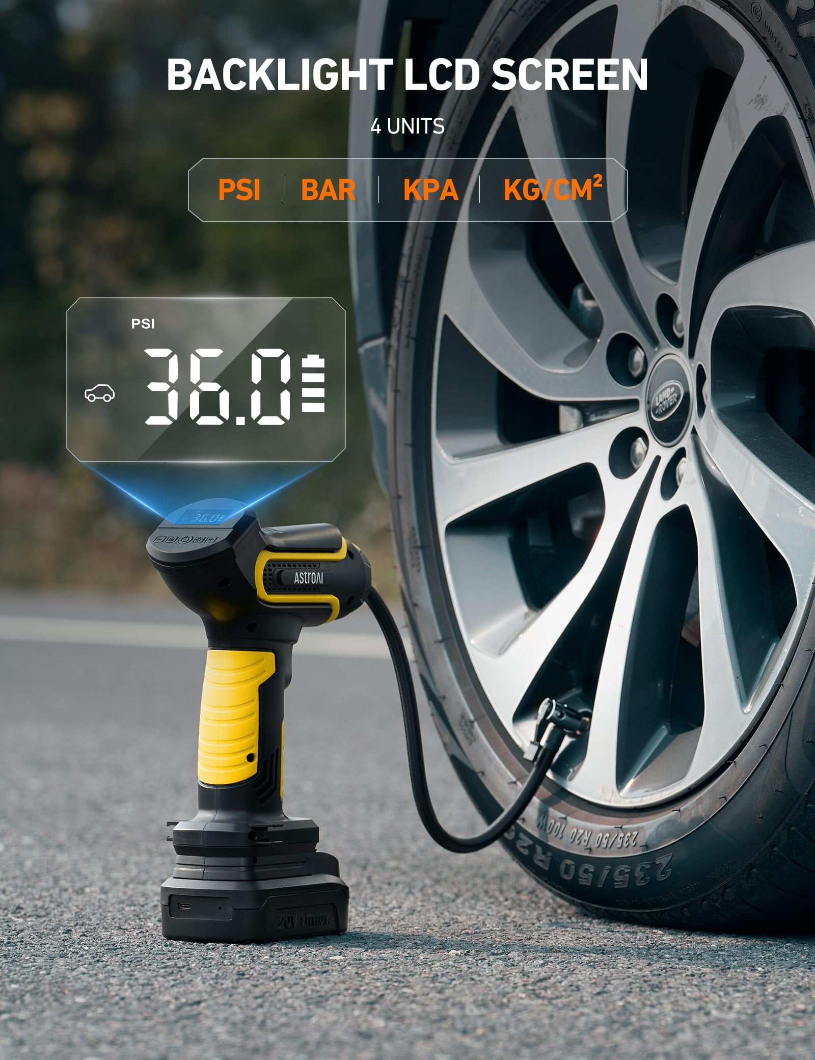 Cordless Tire Inflator, Air Compressor for Car Tires Air Pump 150 PSI, AstroAI Portable Air Pump with Battery, Rechargeable Compact Handheld Electric Automotive Pump, Yellow