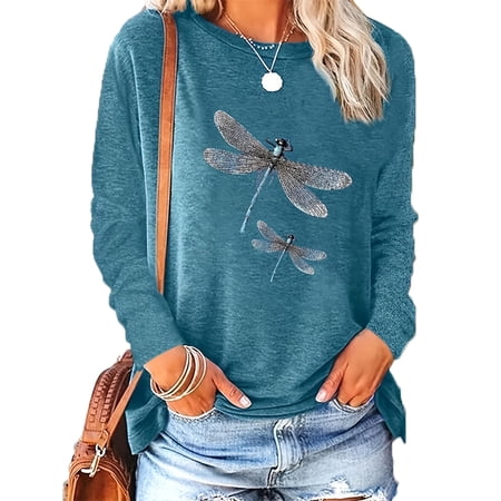 ZEHJUAN Women's Casual Dragonfly Print Top - Long Sleeve Crew Neck Shirt for Seasonal Wear Blue，S