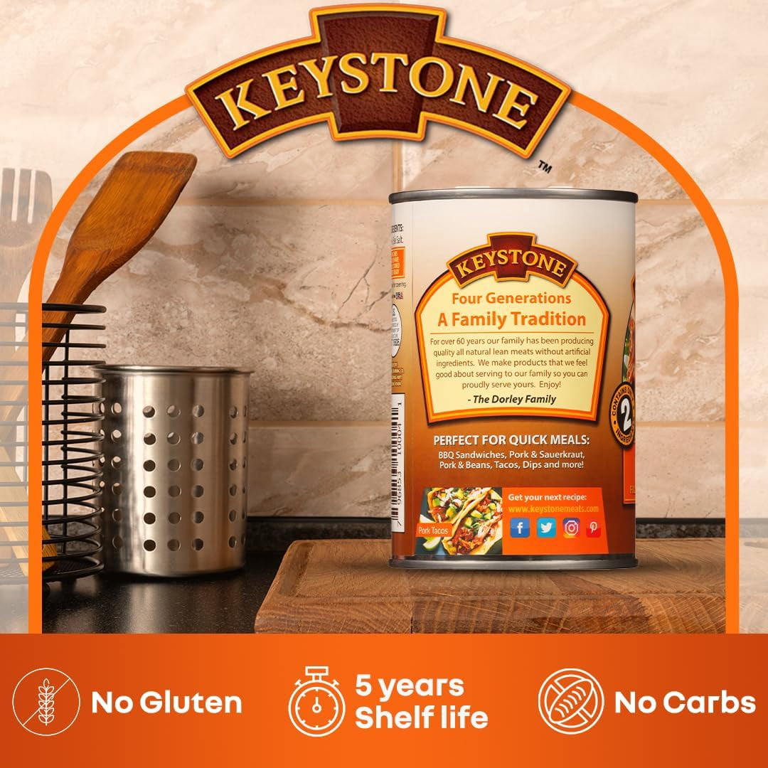 Keystone All Natural Canned Pork, 14.5 oz (12 Pack)– Fully Cooked, Ready to Eat, Gluten Free Survival Food | Emergency Prepper Pantry Staple | Long-Term Storage Meat for Camping, Hiking & Backpacking