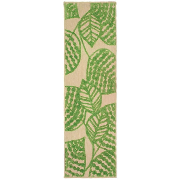 Oriental Weavers Cayman Indoor/Outdoor Rug - 566F9 - 2'3" x 7'6" - in Sand/ Green - Tropical Style, Multi-Level Pile, Water, Stain and Fade Resistant, Hose Clean, Patio, Outdoor Living Rug