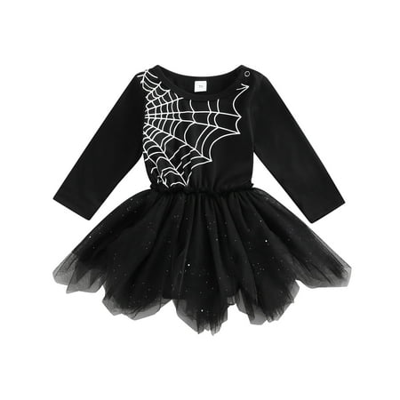 

Infant Baby Girl Halloween Outfits Long Sleeve Romper Dress Spider Web Onesie Lace Tutu Skirt Witch One Piece Dress