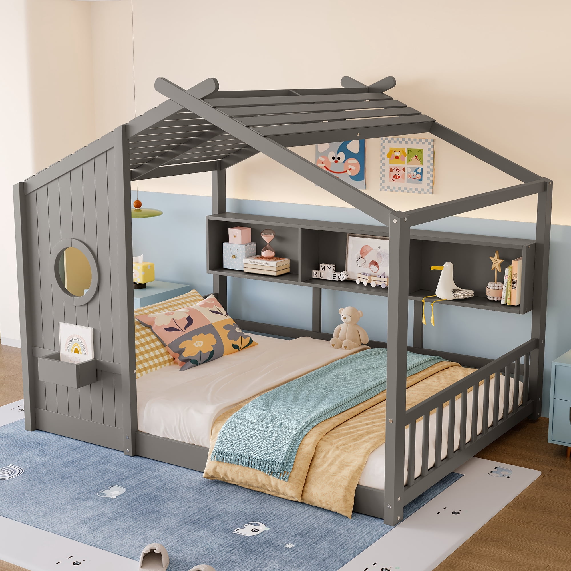 Mintazer Full Size Montessori House Floor Bed with Gable Playhouse Roof & Storage Cubbies, Low Platform Bed Frame with Round Window Side Panel for Toddlers Kids Bedroom, Gray