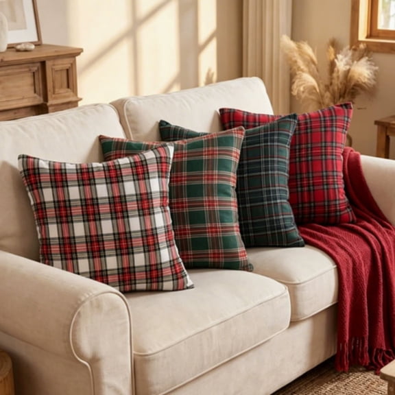Christmas Tartan Plaid Throw Pillow, Soft Woven Cotton Cushion with Removable Cover, Festive Holiday Decor for Sofa Couch Living Room, Traditional, Lazyguy