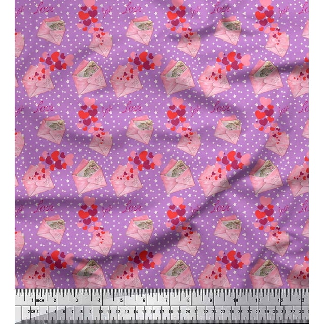 Soimoi Purple Poly Georgette Fabric Envelope,Star & Heart Print Sewing Fabric Yard 42 Inch Wide