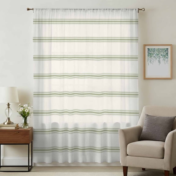 Sage Green Striped Sheer Curtains 63 Inches Long, Rustic Green Stripe Modern Art Beige Light Filering Curtains, Breathable Simi Curtain Privacy Drapes for Living Room Bedroom Window Treatment
