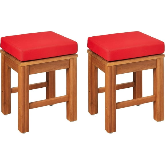 Outdoor Patio Stools with Cushions, Acacia Wood, Set of 2, Natural Finish