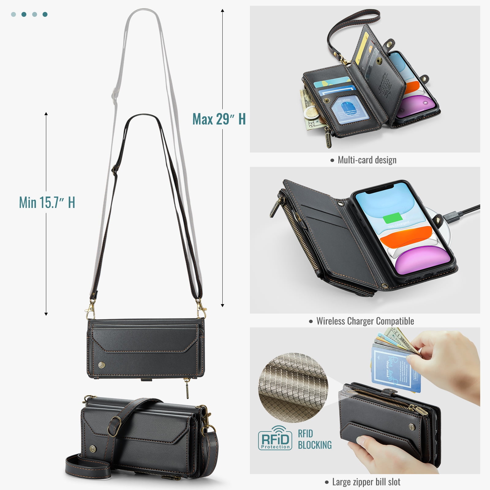 for iPhone 11 Full Body Protection Wallet Folio Flip Case, Shoulder Strap & Wristlet Card Slots Zipper Pocket RFID Blocking Rugged Durable PU Leather Phone Case Cover, Black
