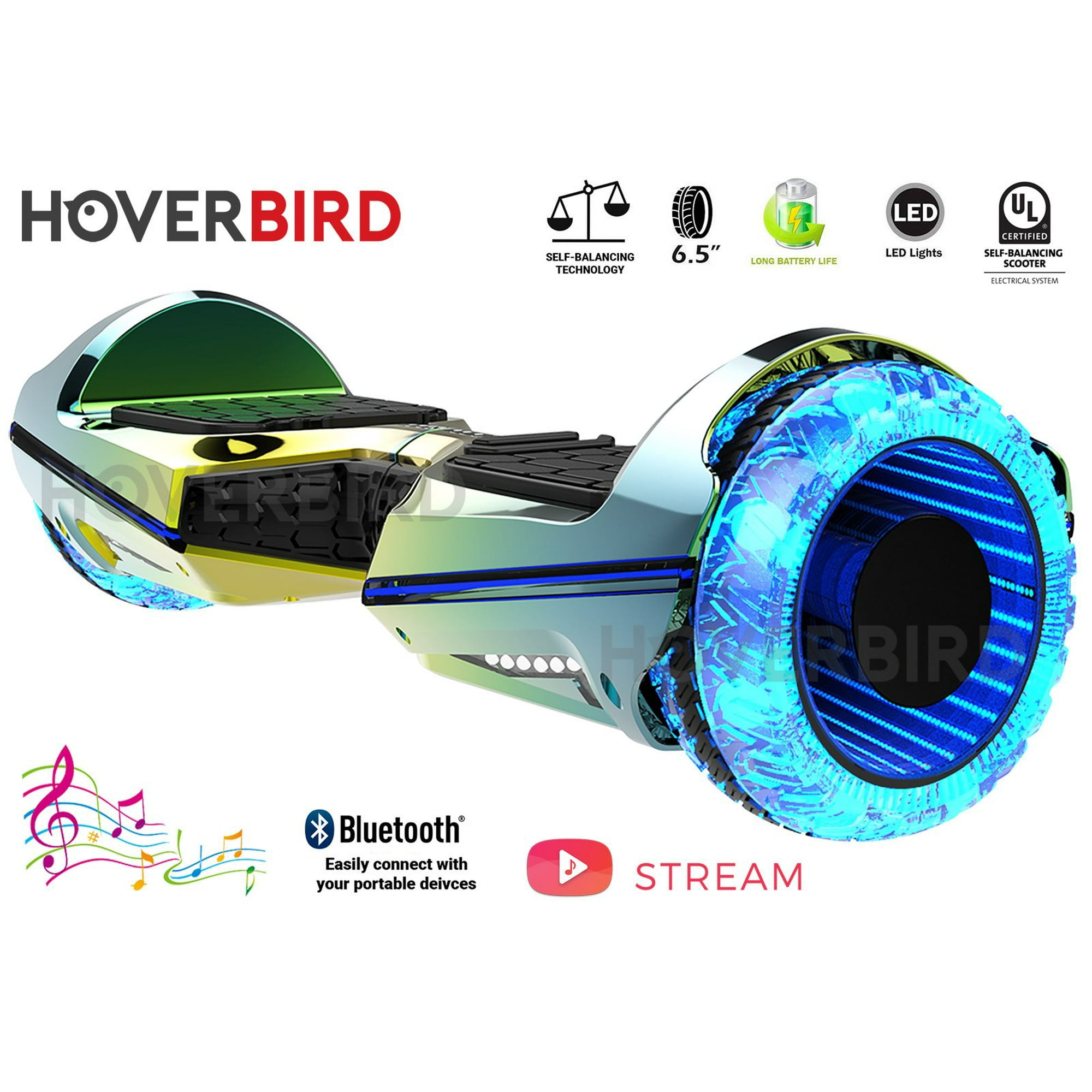 HOVERBIRD ES11 PRO 500W Hoverboard with 6.5 Tires UL 2272 Certified with Bluetooth LED WHEELS APP Auto Balance Front and Back lights Chrome Iris Walmart