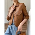 thumbnail image 4 of Chaqueta de moto de cuero genuino simple para mujer, tendencia primavera otoño 2024, abrigo de piel de oveja recortado con cuello cuadrado y botonadura sencilla, 4 of 5