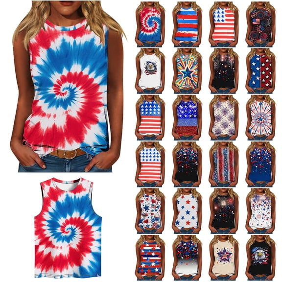 NSLGXD Plus Size Womens Sleeveless Top Tie Dye Print Patriotic Graphic Tees Summer Crewneck Loose Fit Tank Tops S-5XL