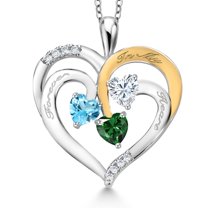 Gem Stone King Two Tone Swiss Blue Topaz White Moissanite Green Nano Emerald `Forever in My Heart` Engraved Pendant Necklace for Women (1.47 cttw, Heart Shape 5MM, 18 inch Chain)