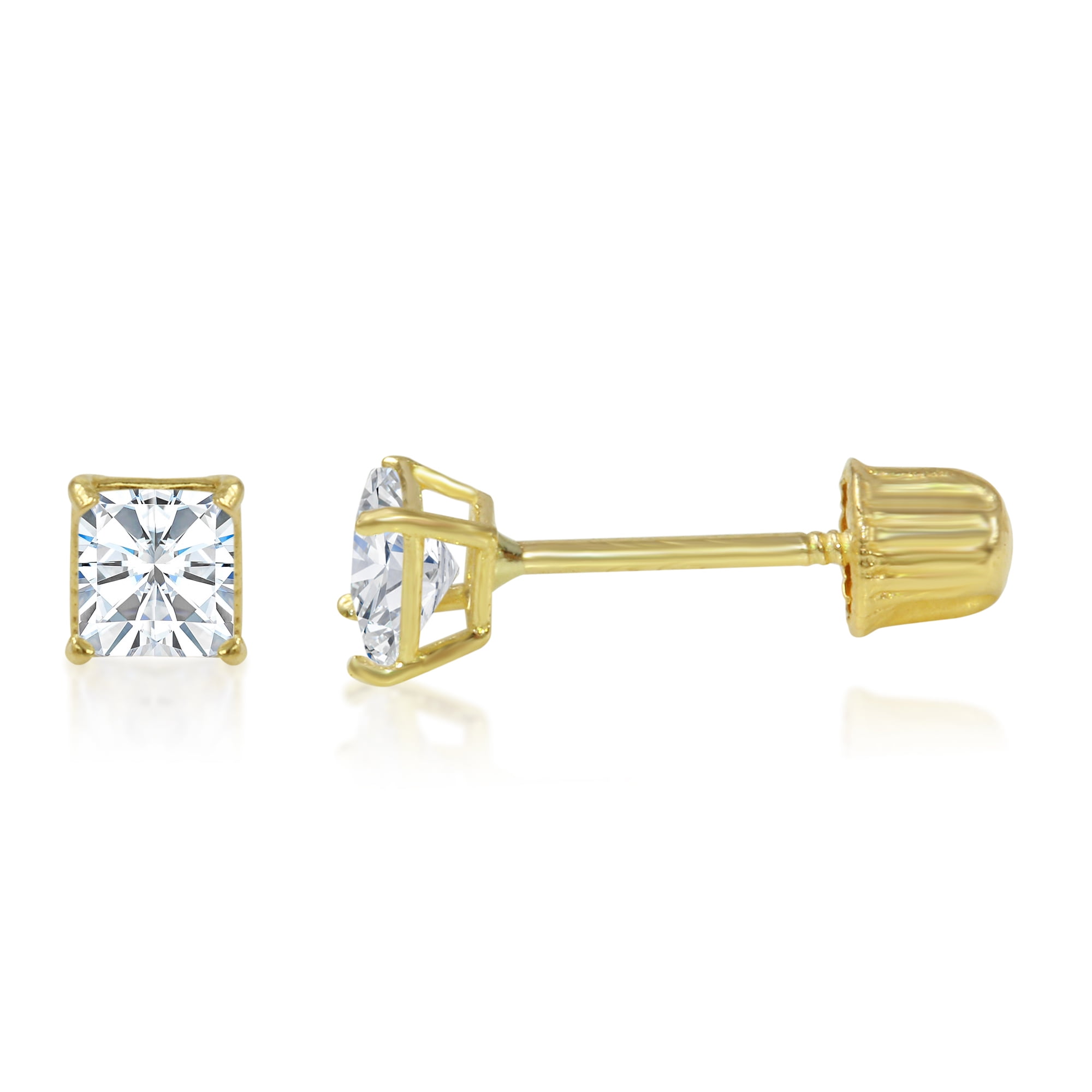 14K Yellow Gold CZ Cubic Zirconia Princess Stud Earrings With Screw Back 14K Yellow Gold CZ Cubic Zirconia Princess Stud Earrings With Screw Back