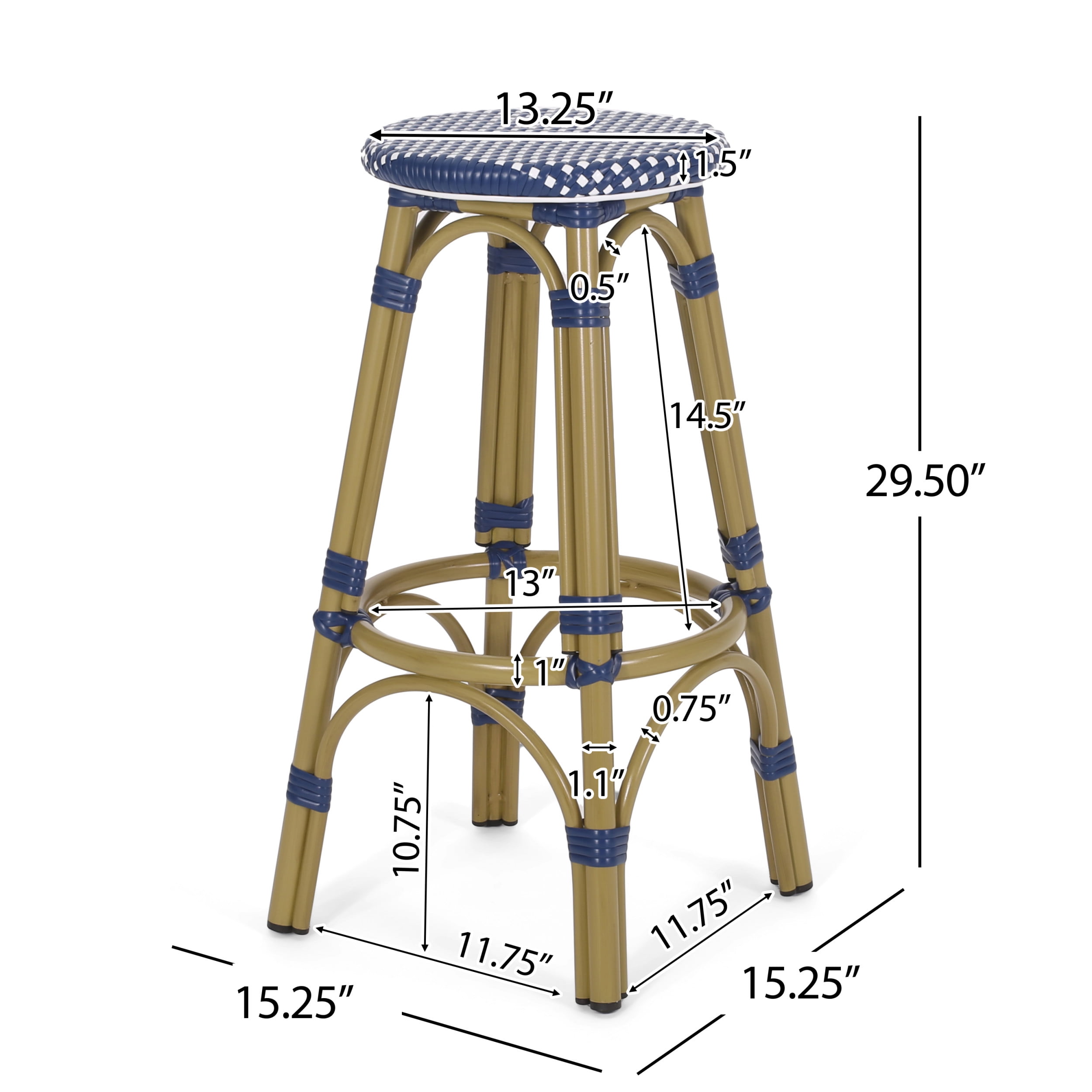 Wilbur Aluminum and Wicker Outdoor 29.5 Inch Barstools, Set of 2, Navy Blue, White, and Bamboo Finish