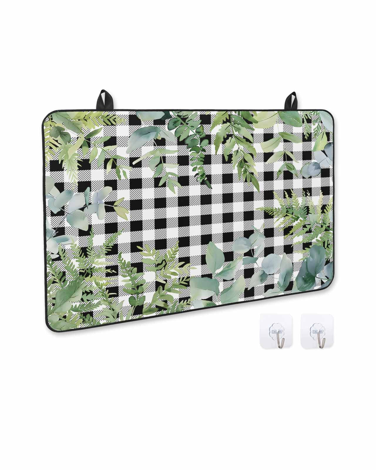 nqOlkjepod Large Induction Cooktop Protector Mat 24"x21", Eucalyptus Leaves Stove Top Covers for Electric Stove, Summer Botanical Black Checked Stove Burner Cover Mats, Glass Top Stove Cover